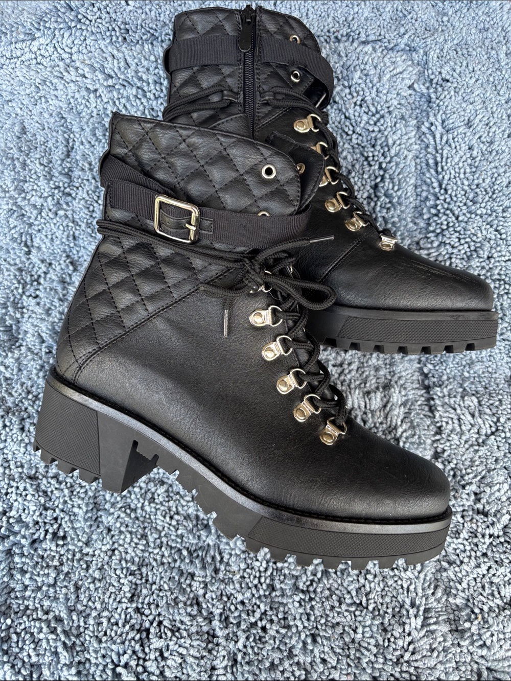 Quilted Black Lace-Up Chunky Heel Boots with Buckle